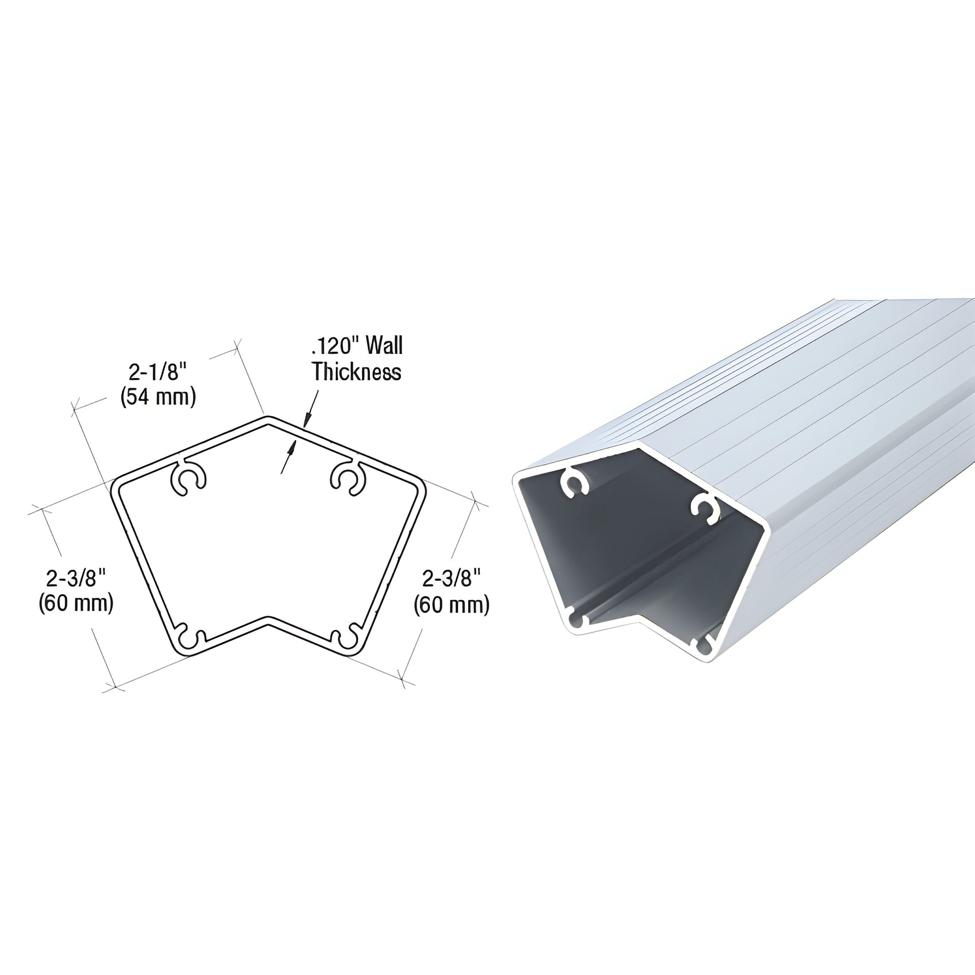 CRL 135 aluminum railing post (clear anodized), pentagon cross-section diagram and angled length photo, SKU 1P548CA