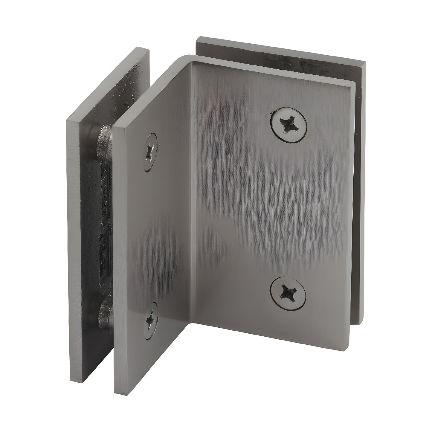 GE090BN brushed nickel 90-degree glass-to-glass shower clamp, solid brass, for 8-12mm tempered glass, square-edge design