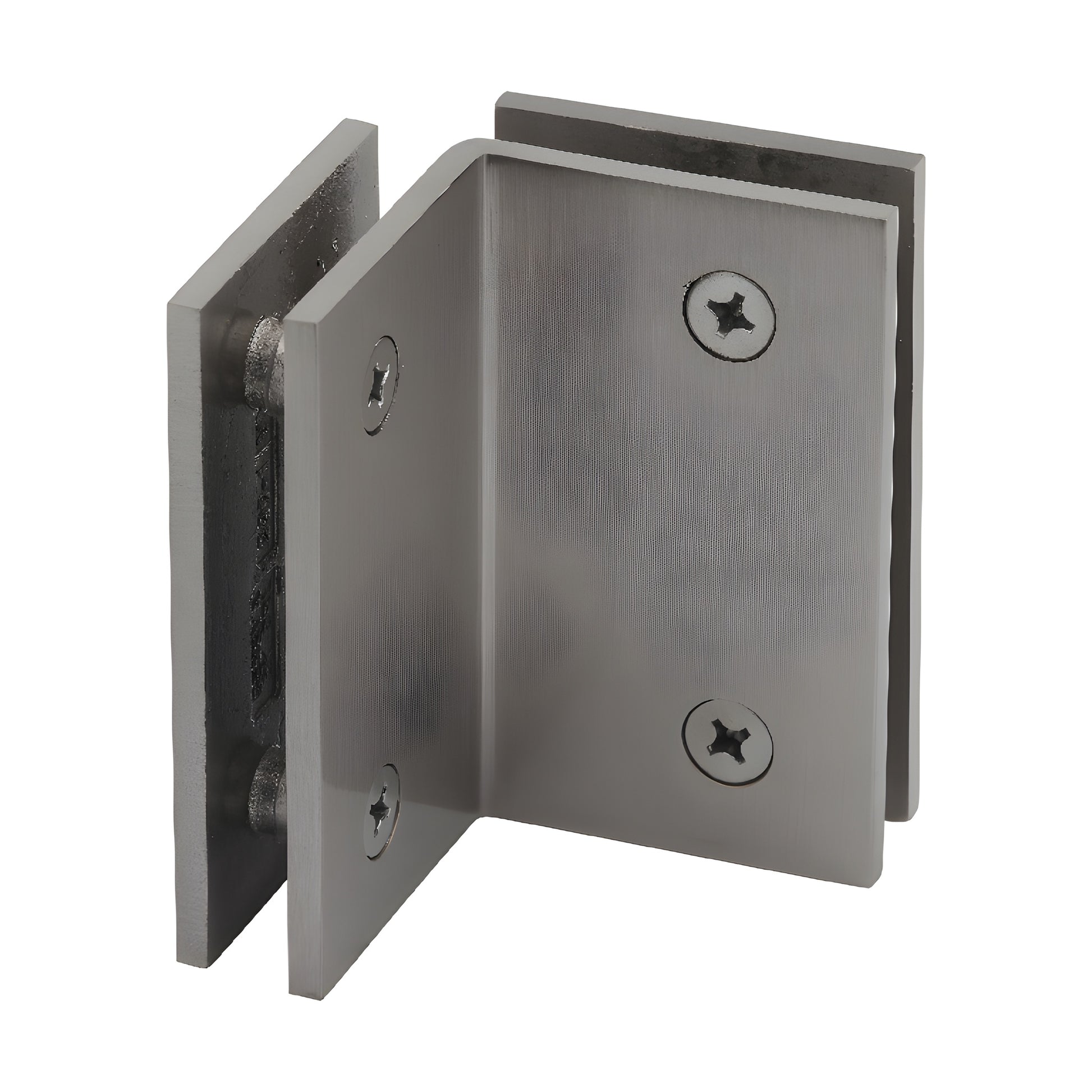 GE090BN brushed nickel 90-degree glass-to-glass shower clamp, solid brass, for 8-12mm tempered glass, square-edge design