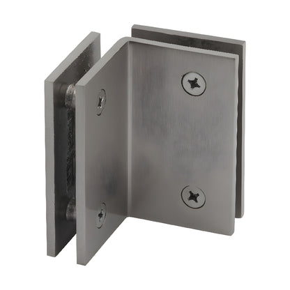 GE090BN brushed nickel 90-degree glass-to-glass shower clamp, solid brass, for 8-12mm tempered glass, square-edge design
