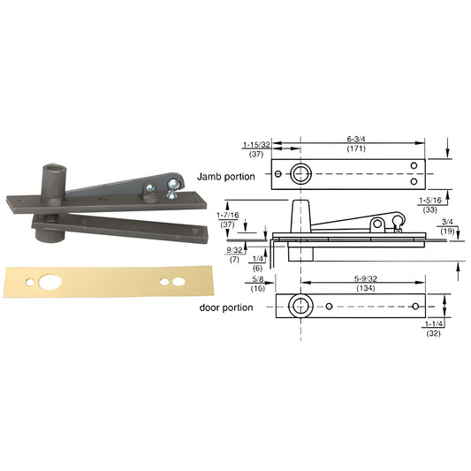 Rixson 340PB center-hung top pivot kit with polished brass cover plate, aluminum pivot arms and diagram