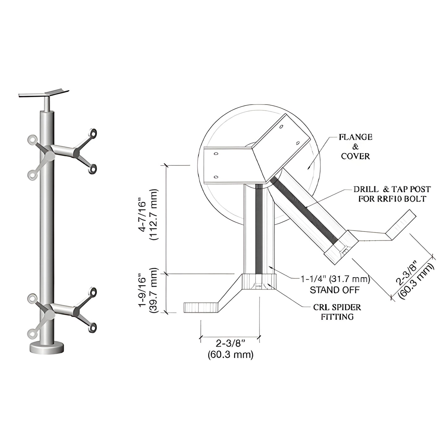 Stainless steel P642ABS spider post railing kit, round post with welded spider glass fittings and base plate, technical drawi