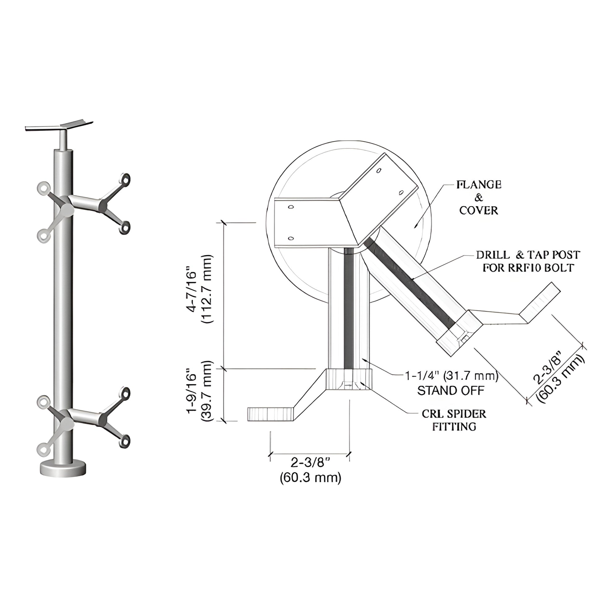 Stainless steel P642ABS spider post railing kit, round post with welded spider glass fittings and base plate, technical drawi