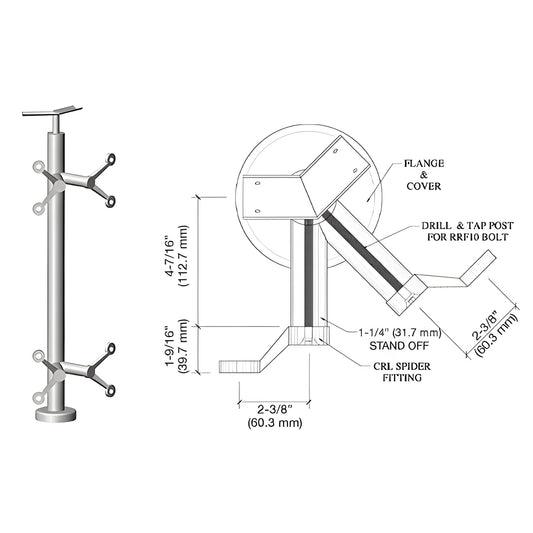 Stainless steel P642ABS spider post railing kit, round post with welded spider glass fittings and base plate, technical drawi