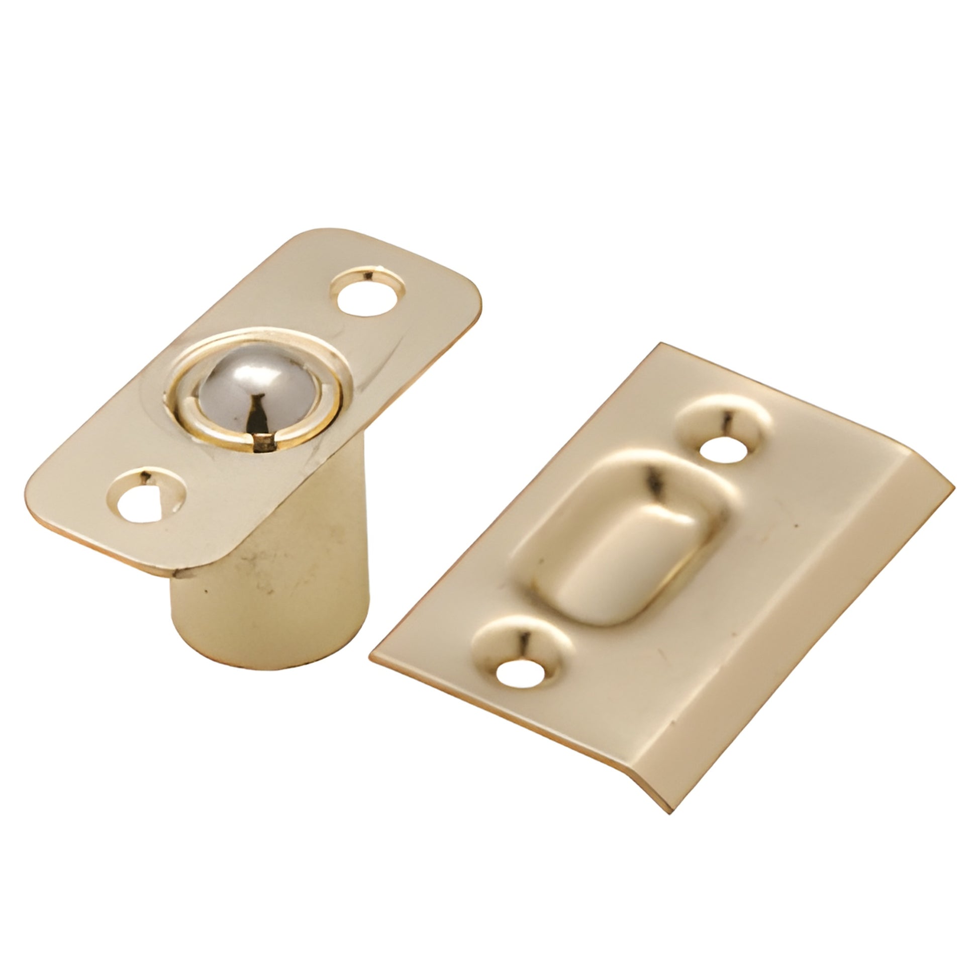Polished brass spring ball catch and strike plate with mounting holes - SKU 1034PB