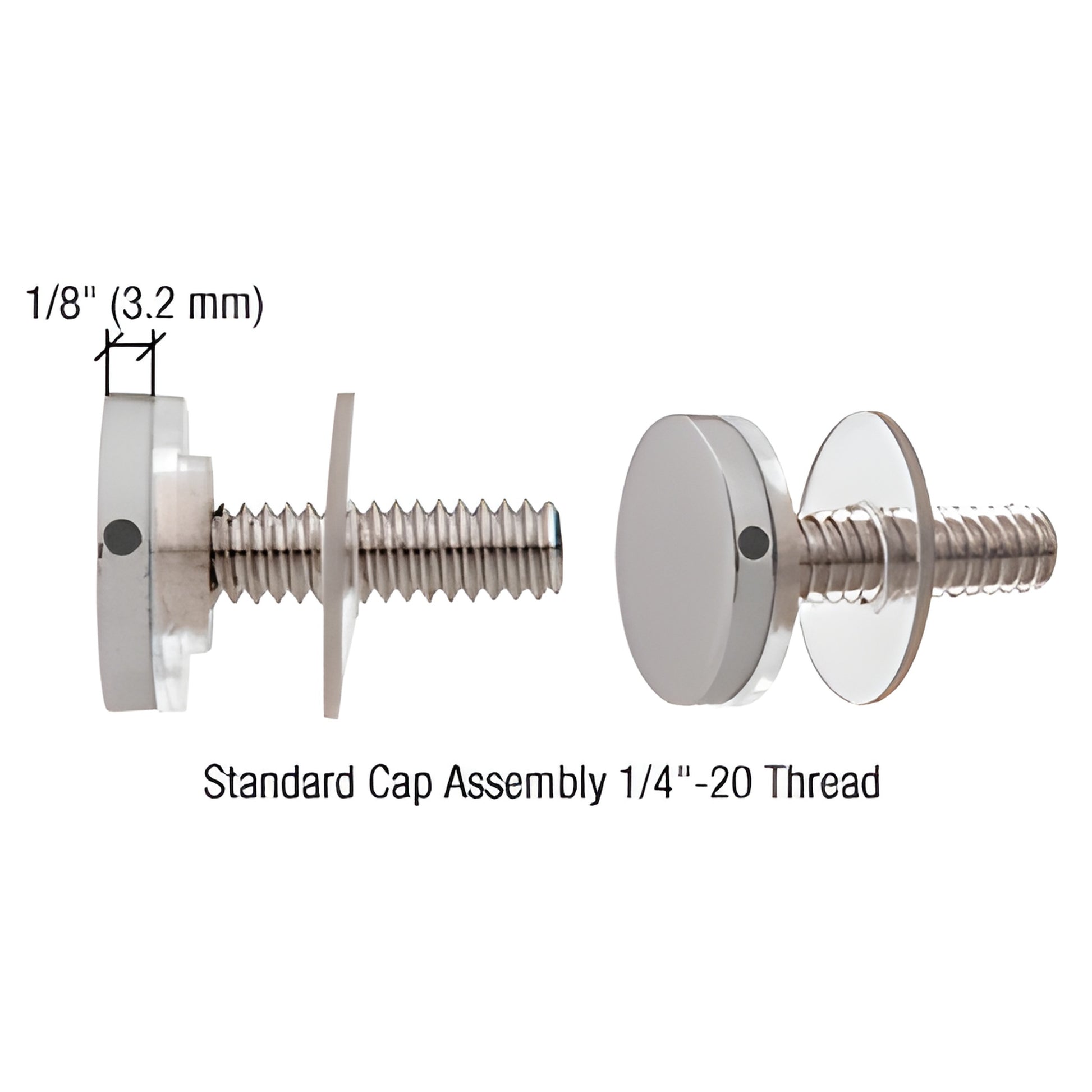 CAP34BS brushed stainless 3/4" standoff cap assembly with 1/4-20 threaded screw and clear washer for 1/2" panel hole.