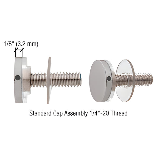 CAP34BS brushed stainless 3/4" standoff cap assembly with 1/4-20 threaded screw and clear washer for 1/2" panel hole.