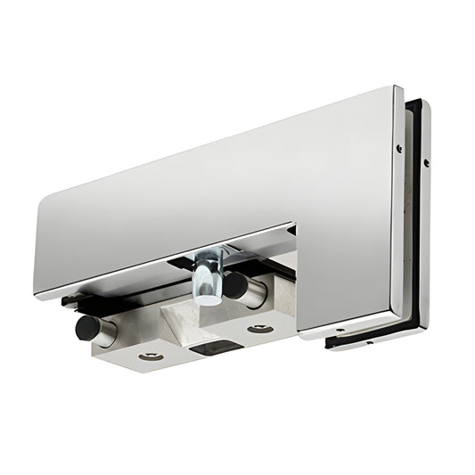 Polished stainless steel PH40PKRPS patch stop/strike for 3/8-1/2" tempered glass doors, right-hand storefront hardware.