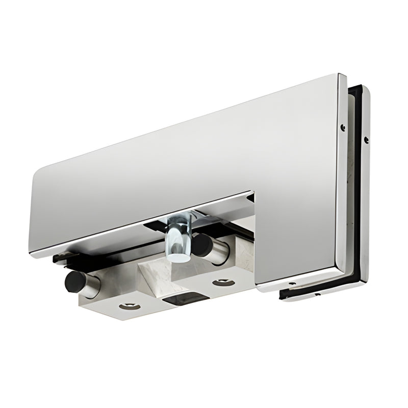 Polished stainless steel PH40PKRPS patch stop/strike for 3/8-1/2" tempered glass doors, right-hand storefront hardware.