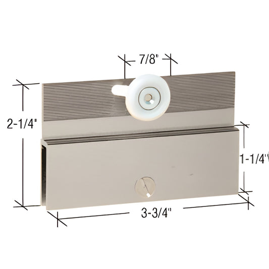 DK67BN brushed nickel top hanger bracket with white roller for 1/4" glass, 3-3/4" wide - cottage series slider.