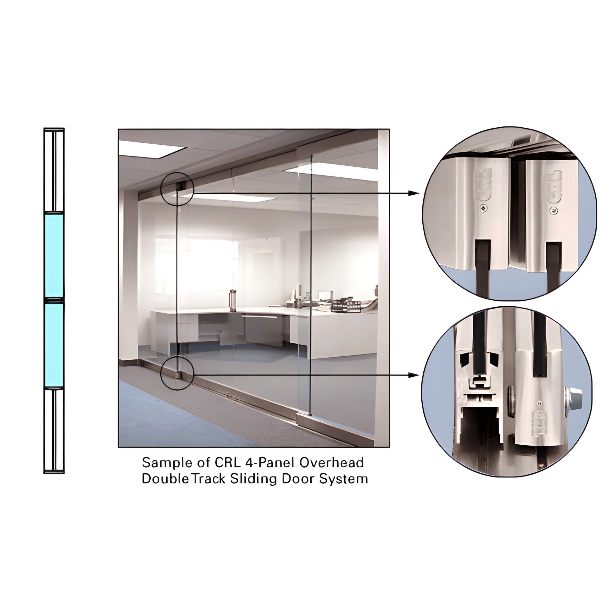 Polished stainless steel overhead track sliding glass door system with flush-bottom threshold, four-panel sample and roller c