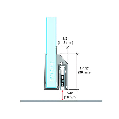 Satin anodized Fallbrook drop-down door seal (FBC12DSSA), adjustable 1/2in. glazing, reversible, U-channel built-in