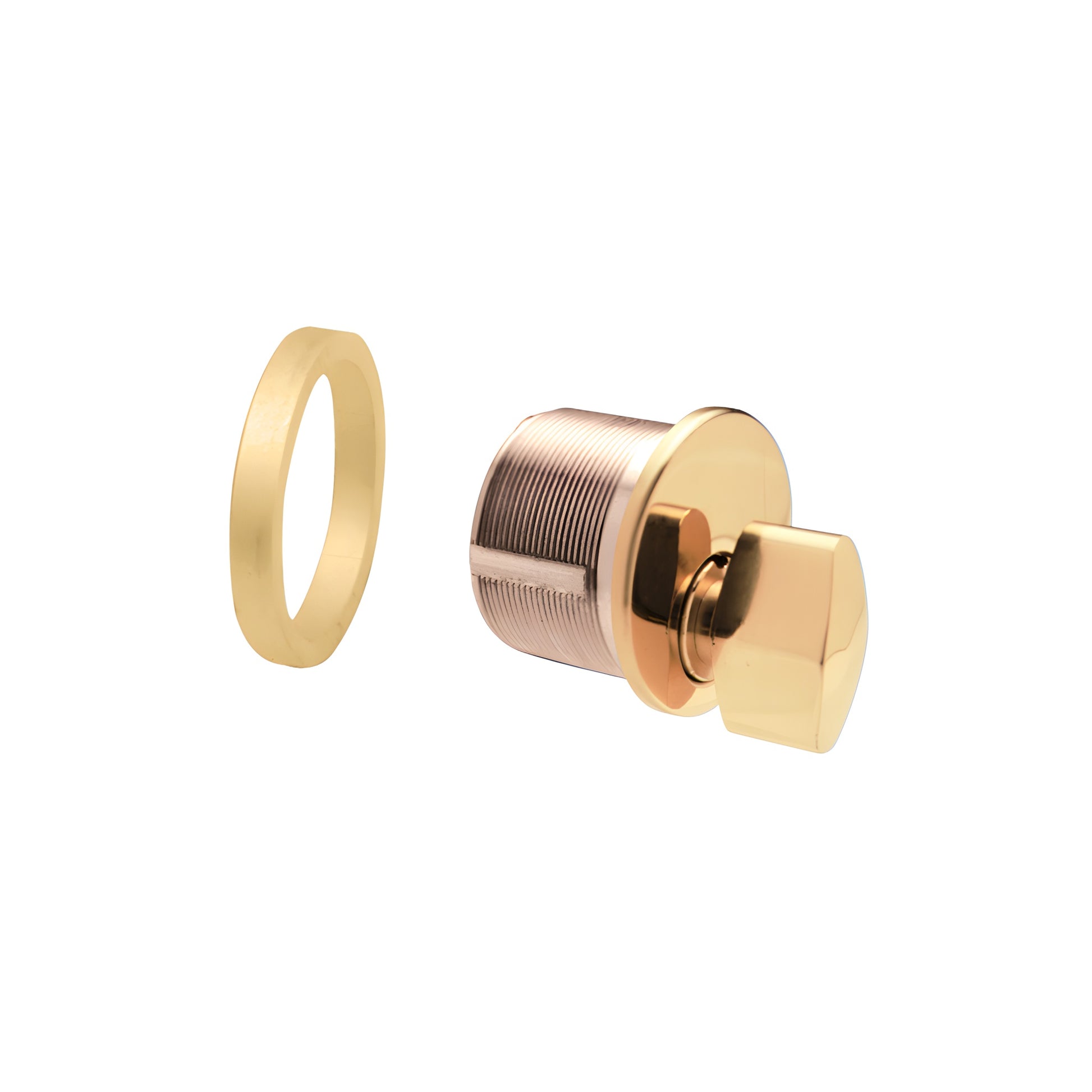Polished brass solid mortise thumbturn cylinder with matching ring, 1" length, 5-pin, SKU DRA60PB