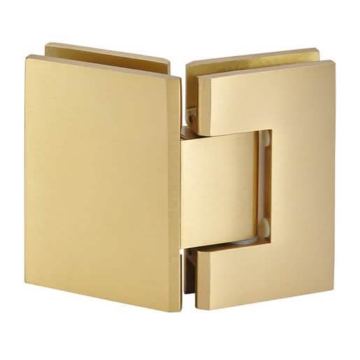 CRL Satin Brass 135° Glass-to-Glass Hinge - Geneva 045 Series for sleek, modern decor.