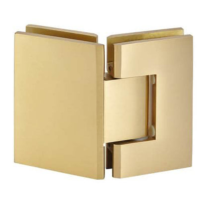 CRL Satin Brass 135° Glass-to-Glass Hinge - Geneva 045 Series for sleek, modern decor.