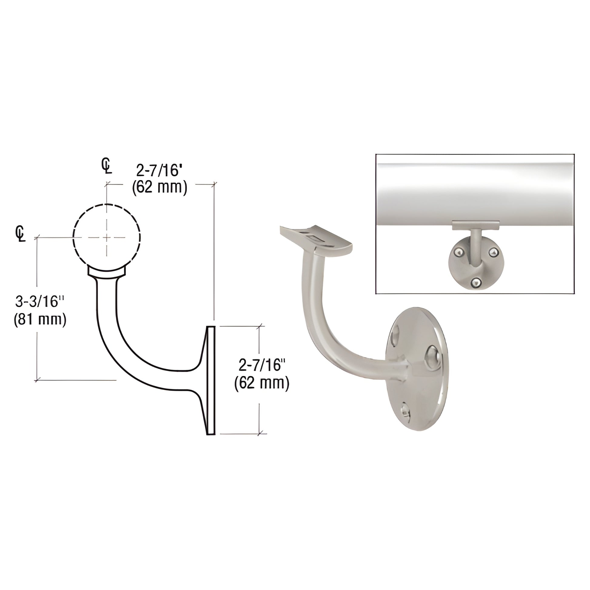 HR15TBS brushed stainless steel wall-mounted short-arm handrail bracket, fits 1-1/2" and 2" tubing.