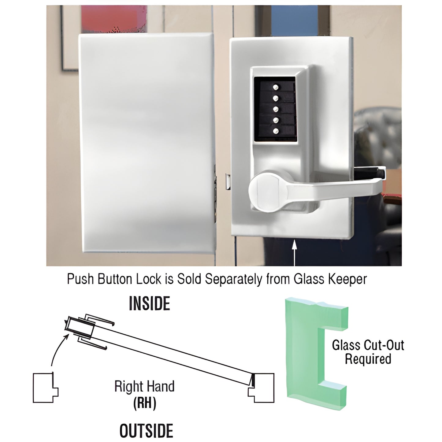 Satin anodized 6x10 center lock for 1/2 in. tempered glass door, right-hand lever, deadlatch (push-button sold separately)