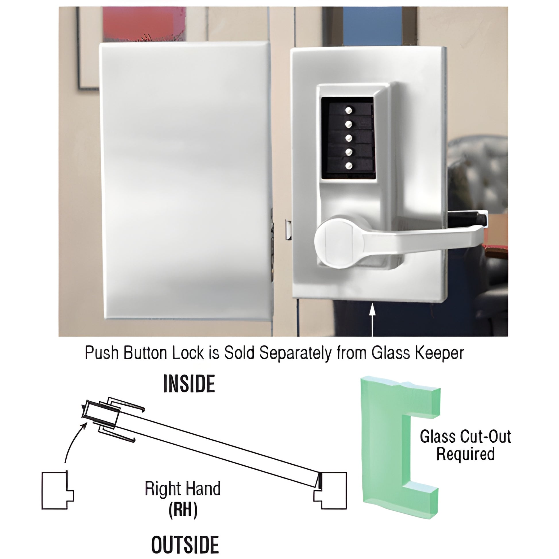 Satin anodized 6x10 center lock for 1/2 in. tempered glass door, right-hand lever, deadlatch (push-button sold separately)