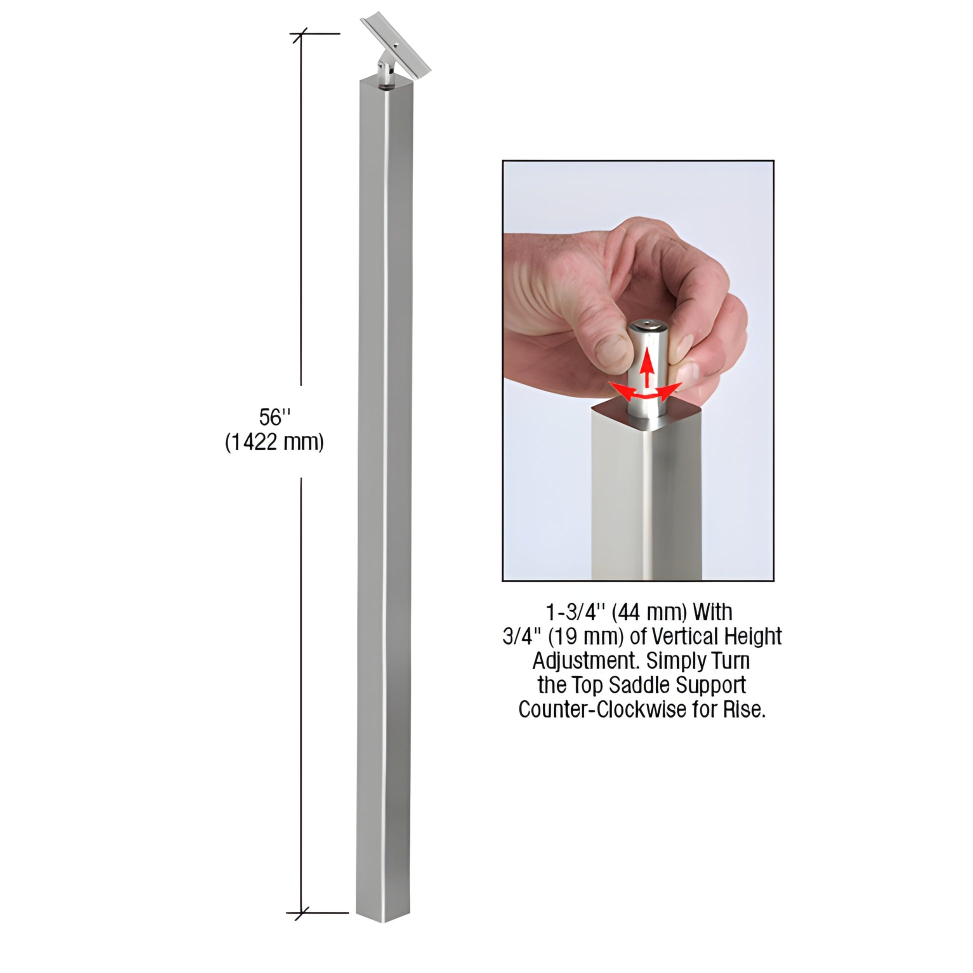 P1BPSBS 56" brushed 316 stainless steel square glass railing post with adjustable top saddle.