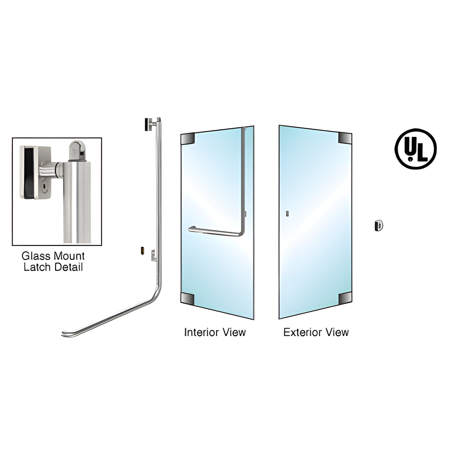 PA100 Series brushed stainless panic handle for 1/2" tempered glass doors, exterior keyed, ADA-compliant (SKU PA100Z3GKBS)