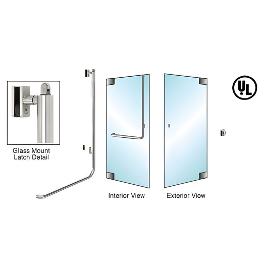 PA100 Series brushed stainless panic handle for 1/2" tempered glass doors, exterior keyed, ADA-compliant (SKU PA100Z3GKBS)