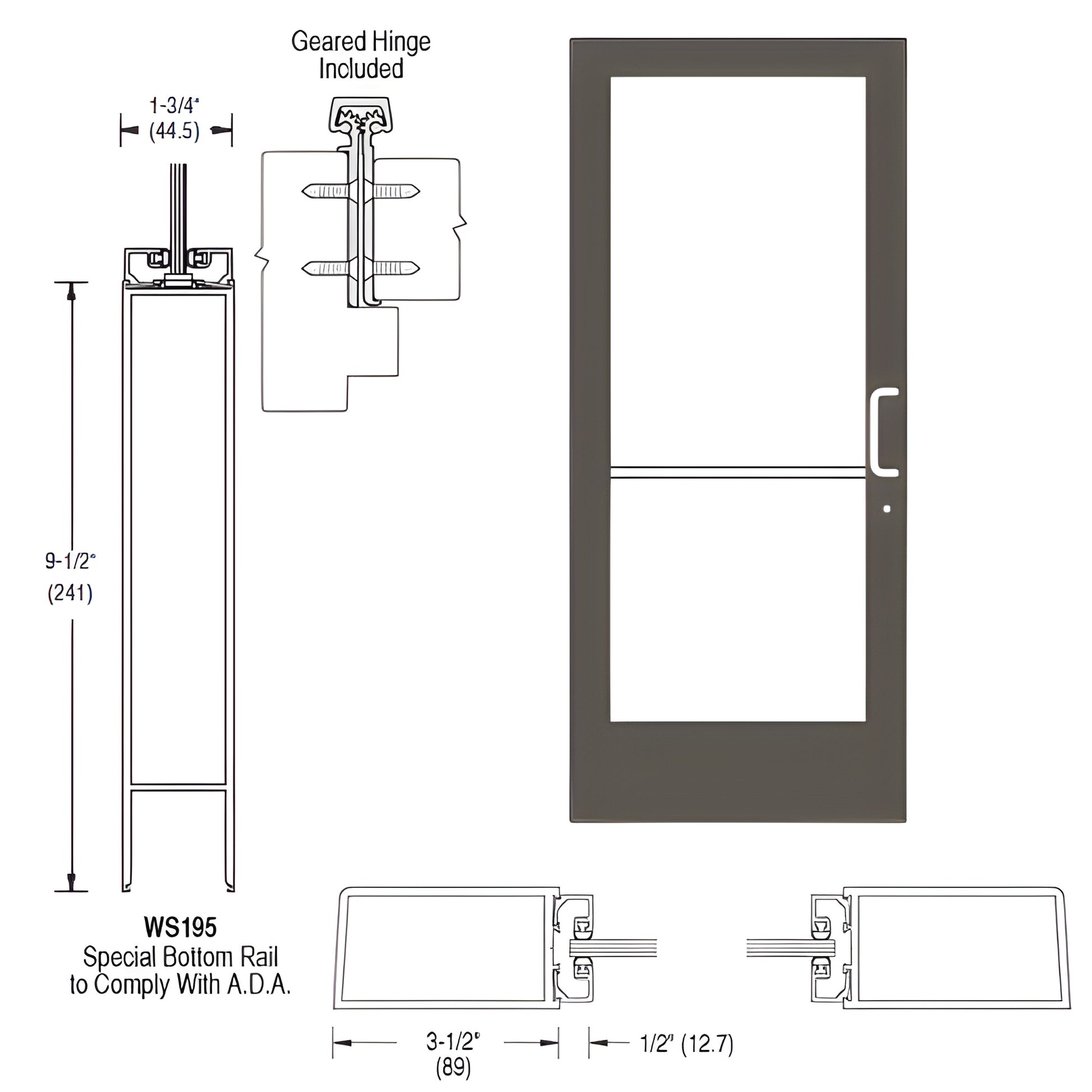 36x84" right-latch commercial partition door, black bronze anodized, 91 2" ADA bottom rail, geared hinge included. SKU CD41922R