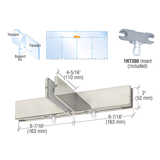 PH51BS brushed stainless double transom patch with support fin bracket for 3/8-1/2" glass, includes 1NT300 inserts.