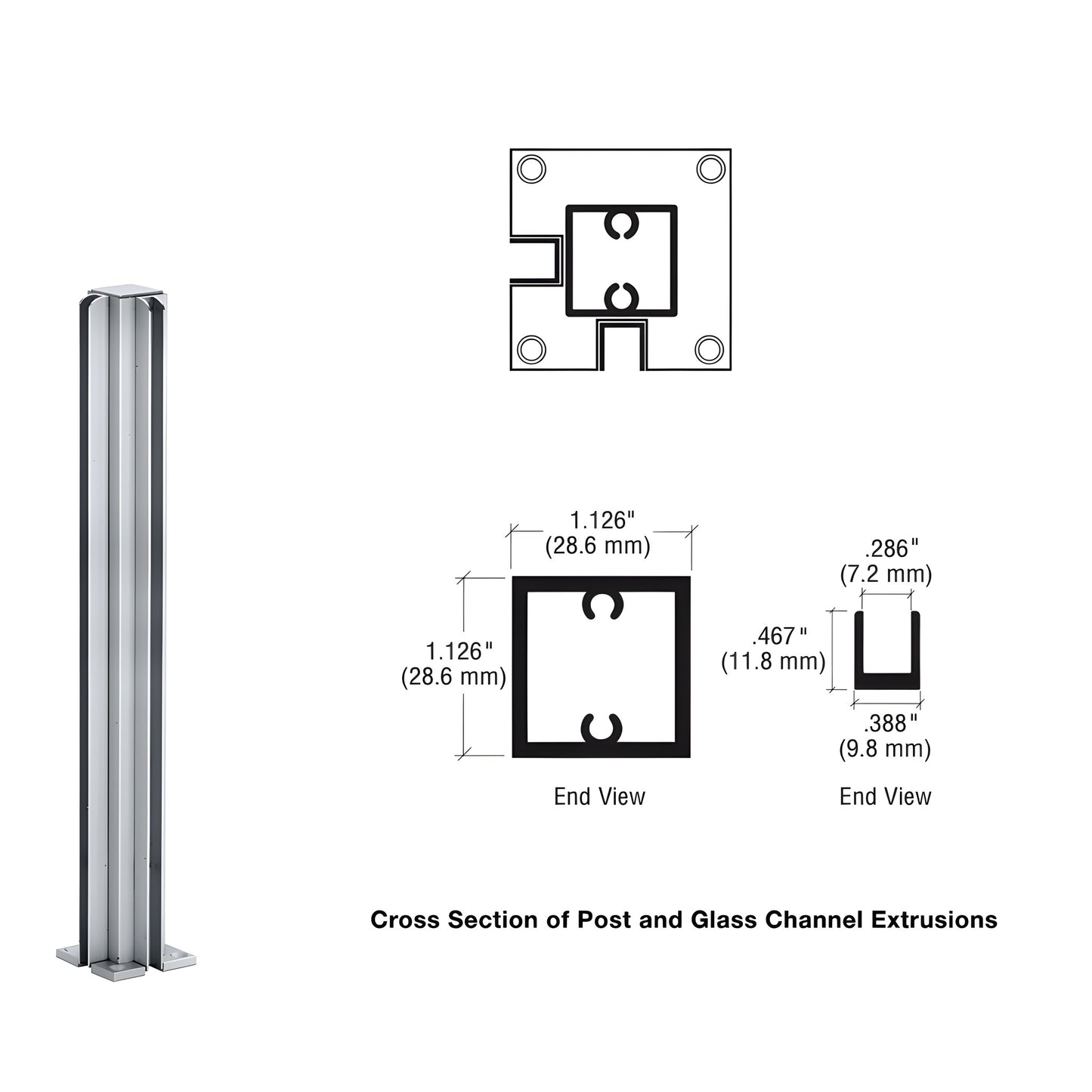 D990A14CR satin anodized aluminum 90 corner partition post with U-channel glazing for 1/4" glass, 14 in tall.