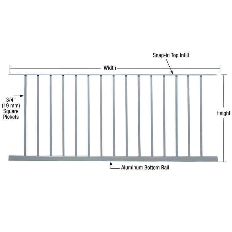 Aluminum picket panel (SKU P7242M), mill finish, 15 square pickets, snap in top infill and bottom rail, 77-5/8" 39-1/8"