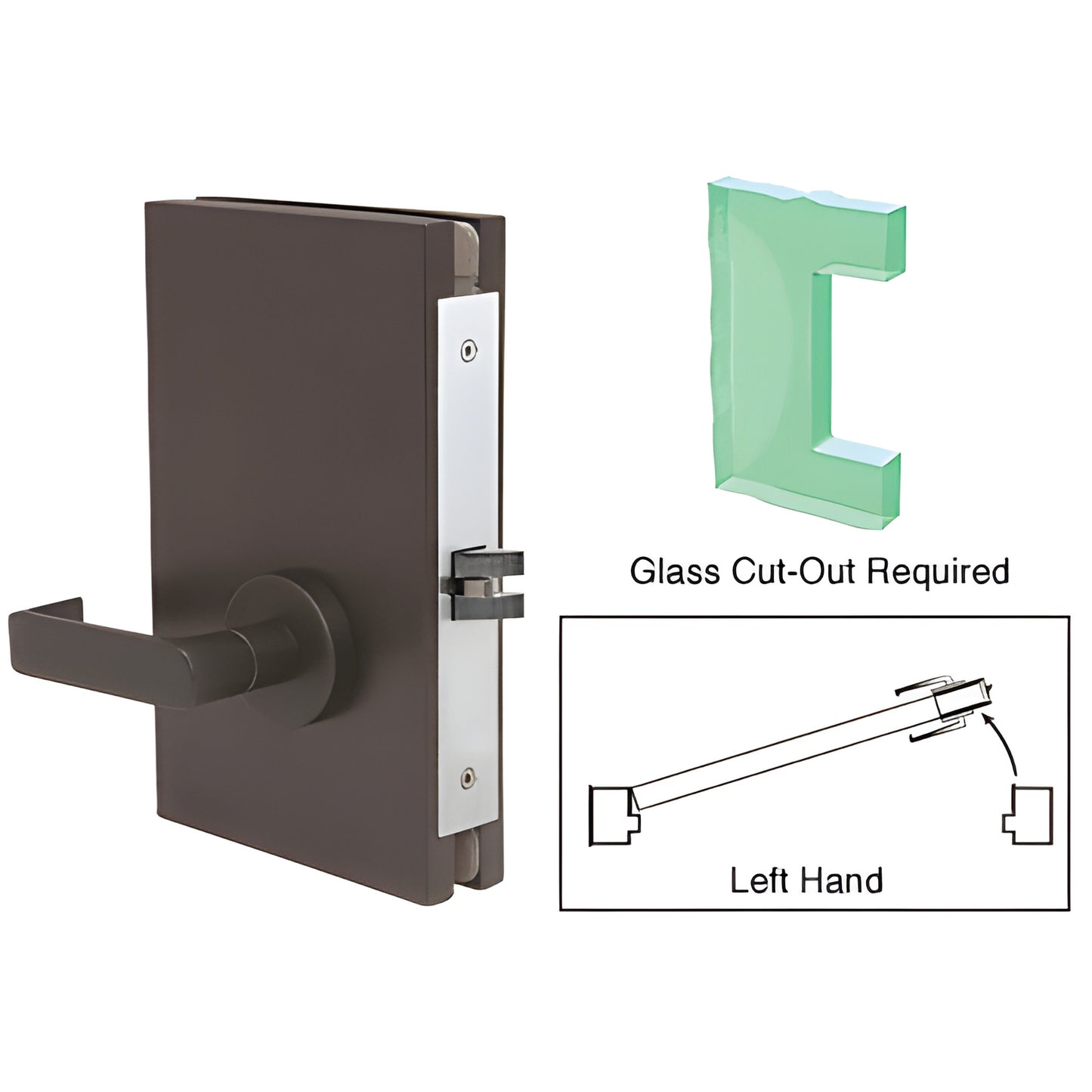 DL610LPDU 6x10 black bronze center deadlatch for 1/2 in (12mm) tempered glass door, left-hand, glass cut-out required