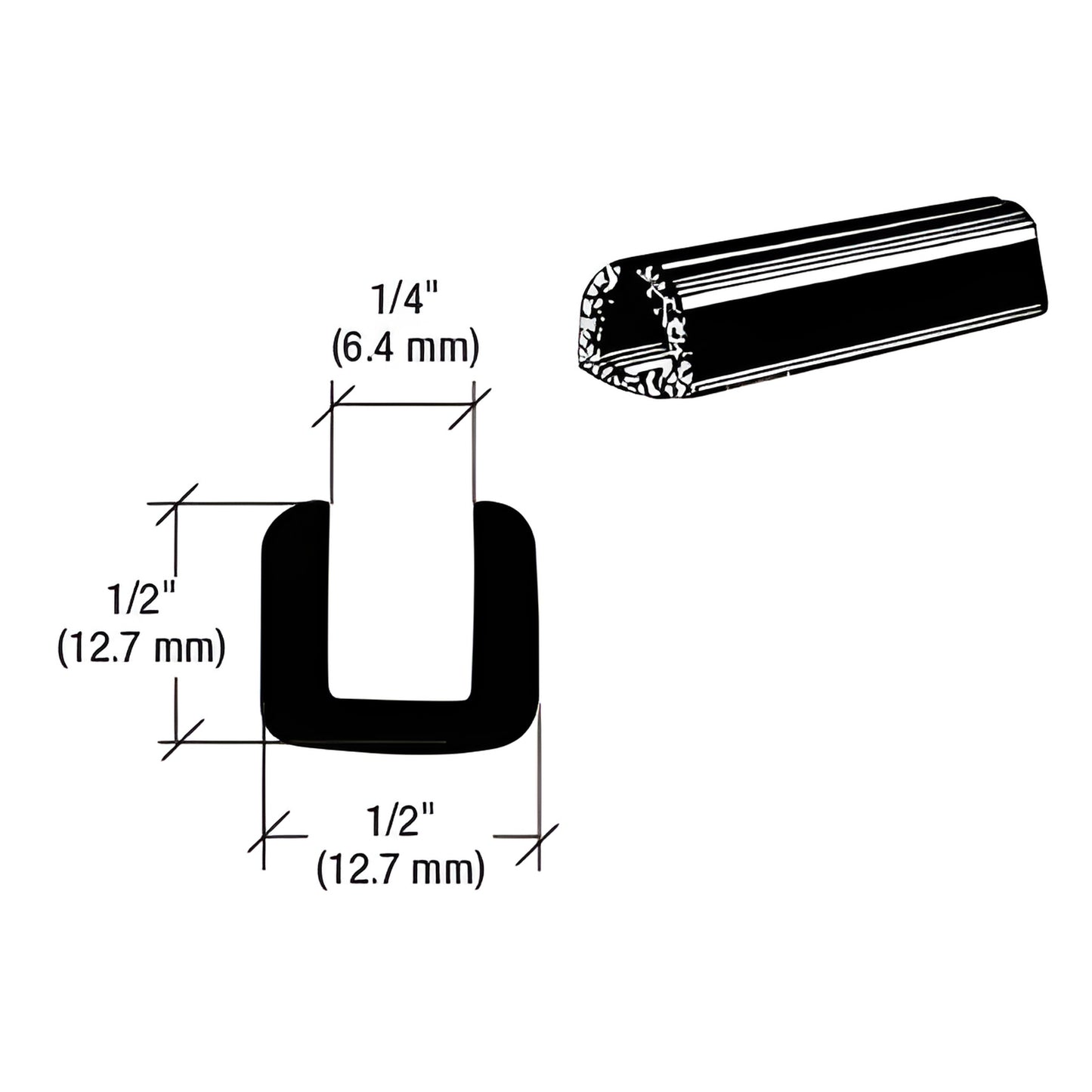 Black rubber U-channel for 1/4" (6 mm) glass, 1/2" (12.7 mm) wide/high profile illustration, SKU AV876