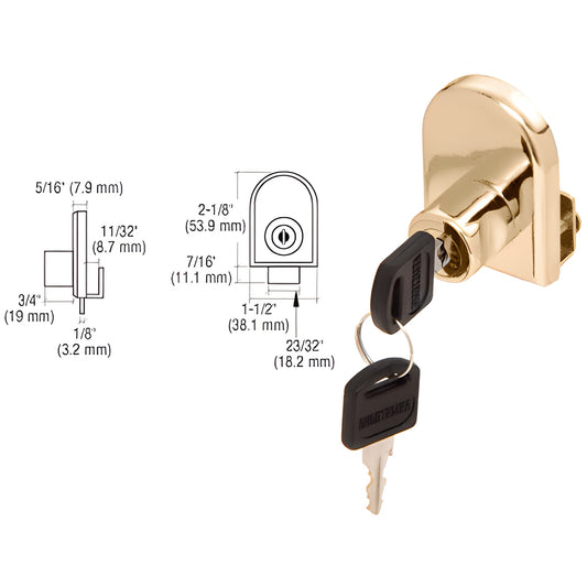 Gold-plated metal cabinet lock for hinged glass doors (fits up to 1/4" glass), no-drill, includes two keys.