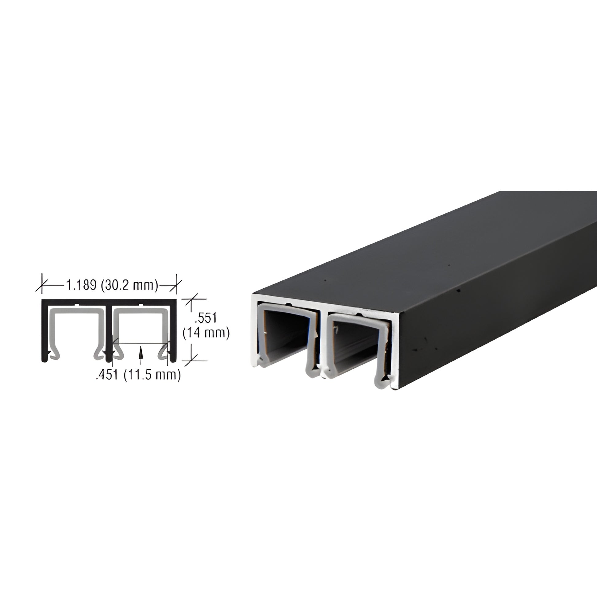 D609BL flat-black aluminum plastic-lined upper channel, dual track 144" length, 1.189" 0.551" profile for sliding doors.