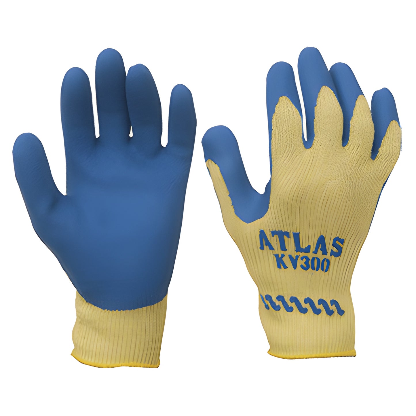 Atlas cut-resistant gloves SKU 300KVXL - blue latex-coated palms, yellow seamless knit back, XL pair.