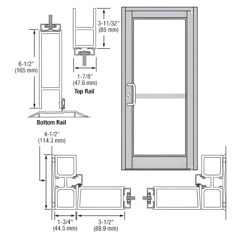 DZ81211 Durafront MS clear-anodized commercial storefront door diagram showing rails, glass and dimensions