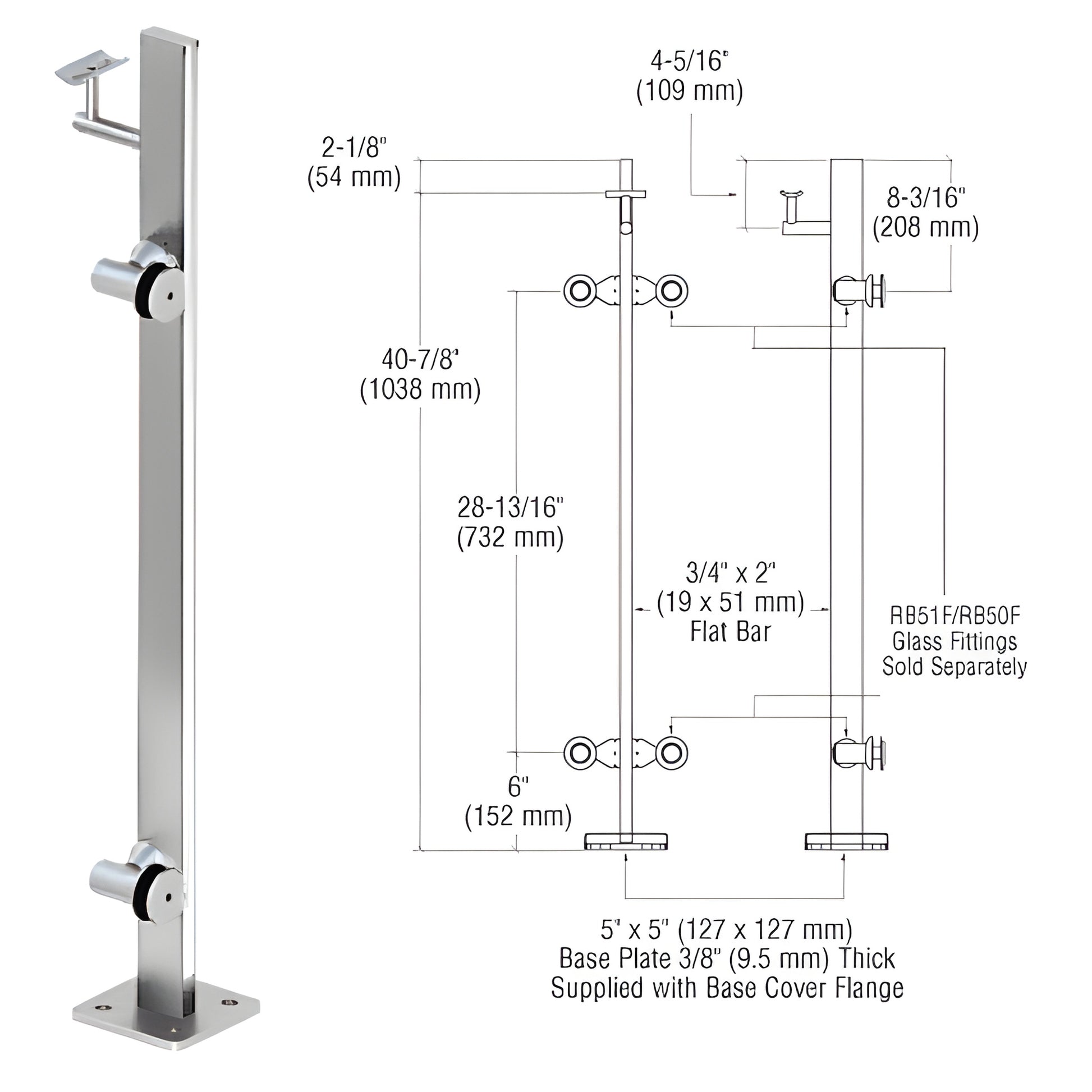CRL P342REPS stainless steel surface-mounted glass railing post with 5x5 in base plate, 3/4"x2" flat bar.
