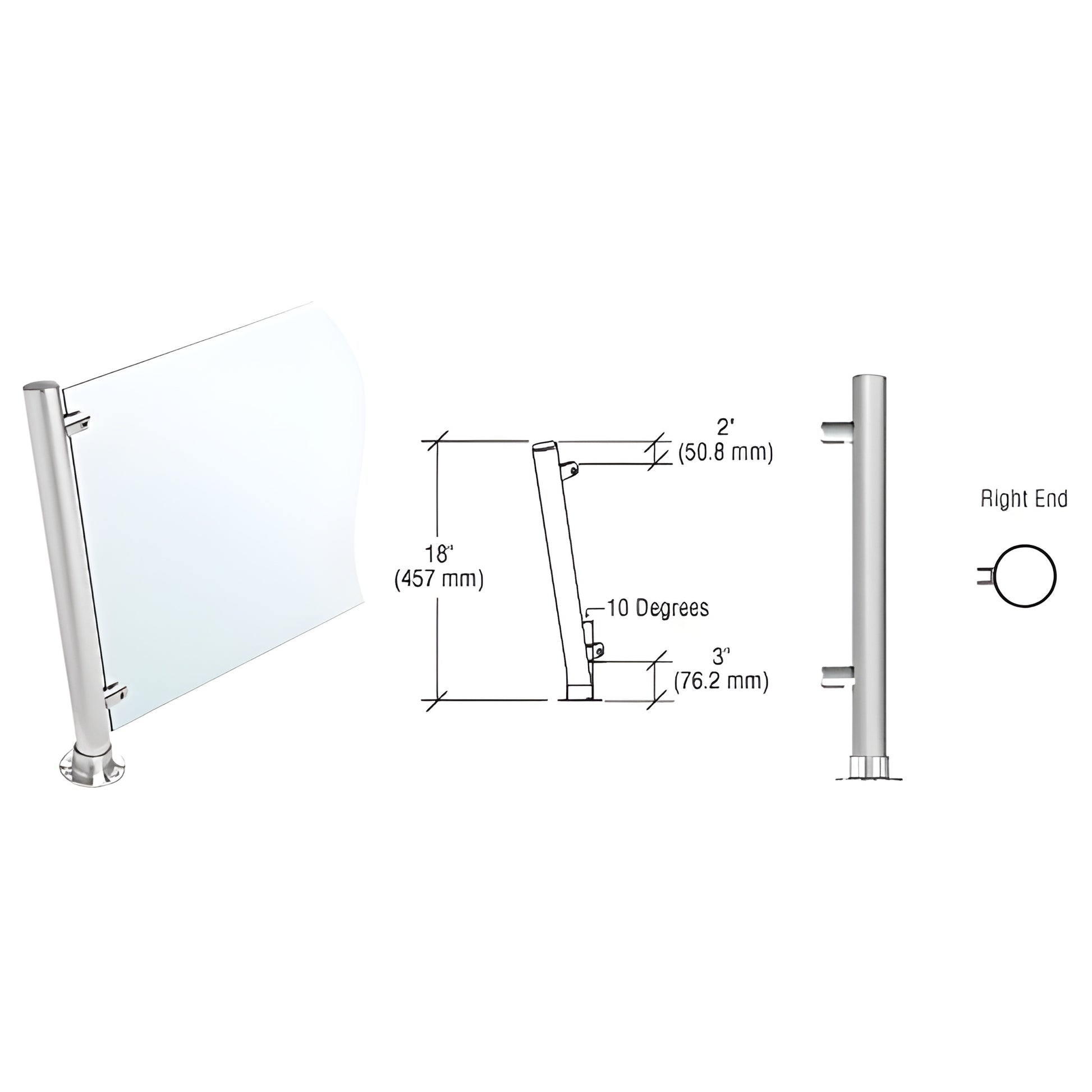PP65REBS: 18" brushed stainless round slanted end post with standoff fittings for 1/4"-3/8" glass (sneeze guard)