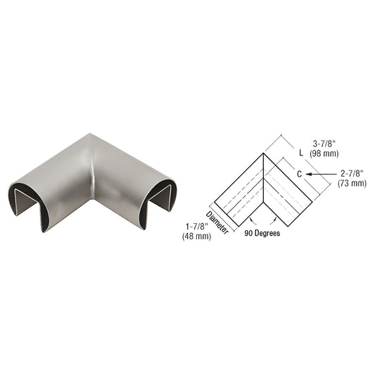 GRRF20HBS 90 brushed stainless steel slip-fit cap rail corner, 316 stainless, welded finish, 1-7/8" diameter.