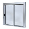 Satin anodized aluminum self-closing XO sliding service window SCDW3636X0GA, 36x36, 1/4in tempered glass, thumbturn lock