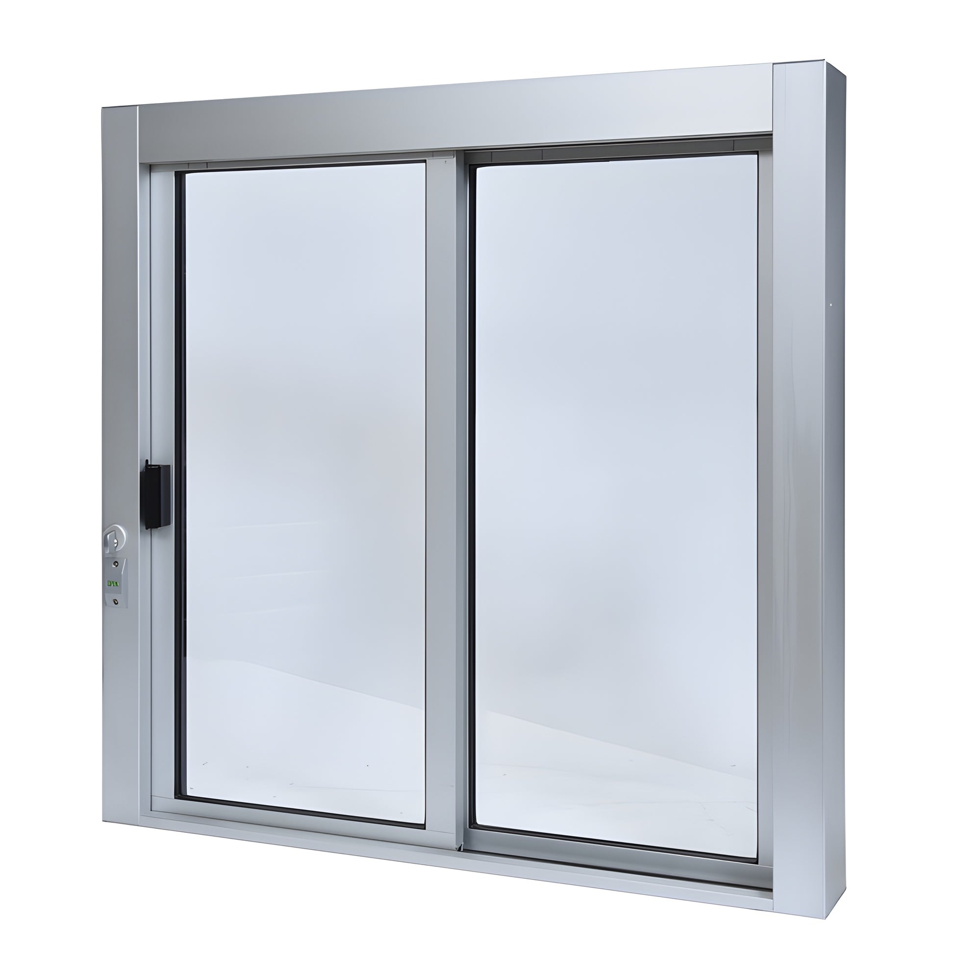 Satin anodized aluminum self-closing XO sliding service window SCDW3636X0GA, 36x36, 1/4in tempered glass, thumbturn lock