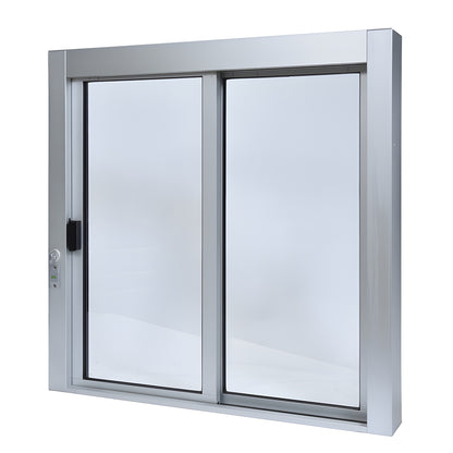 Satin anodized aluminum self-closing XO sliding service window SCDW3636X0GA, 36x36, 1/4in tempered glass, thumbturn lock