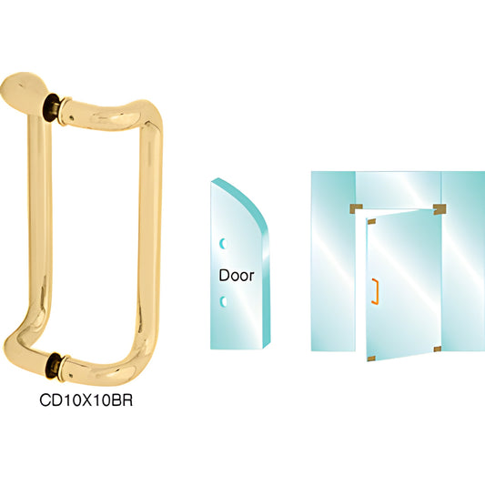Polished brass glass-mounted pull handle, 1" dia, 10" c-c, fits 3/8-3/4" glass - SKU CD10X10BR