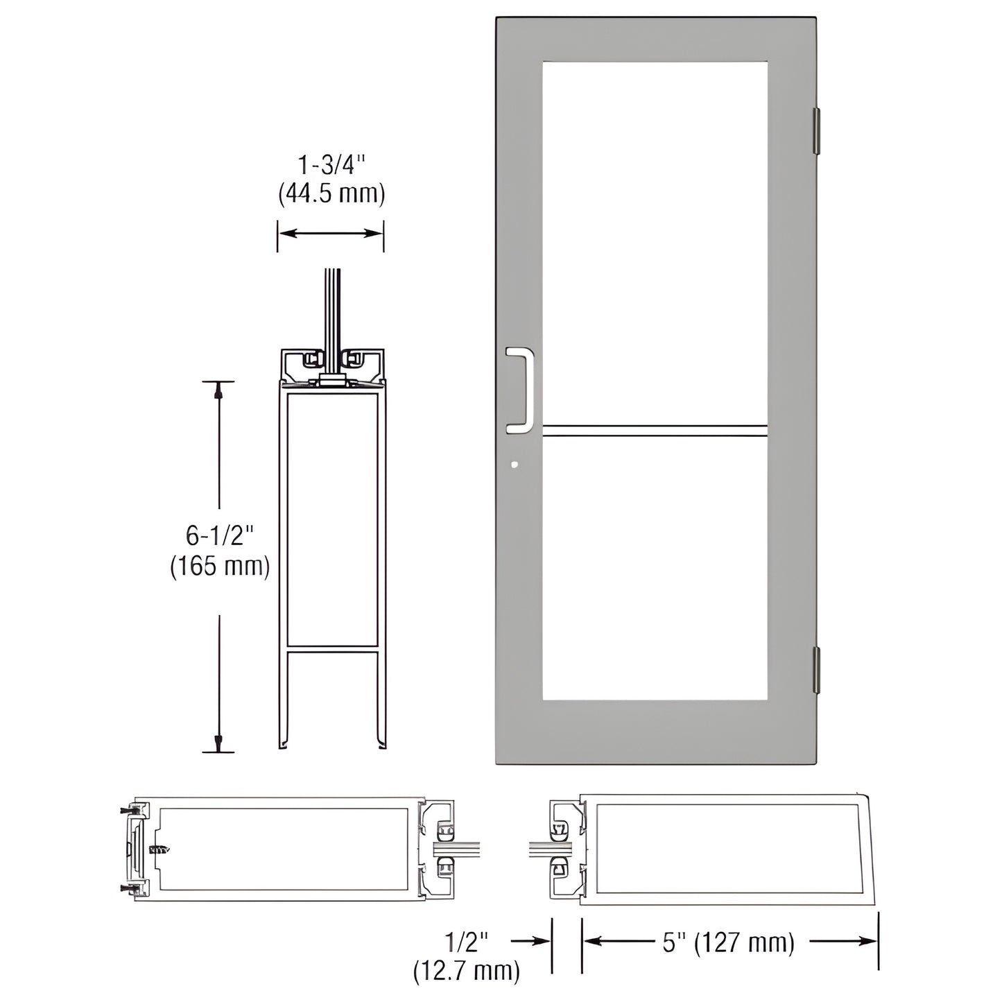 Clear anodized wide-stile commercial entrance door (SKU 1DC52511LA36) for 1" glass, includes push/pull and keyed-alike lock.