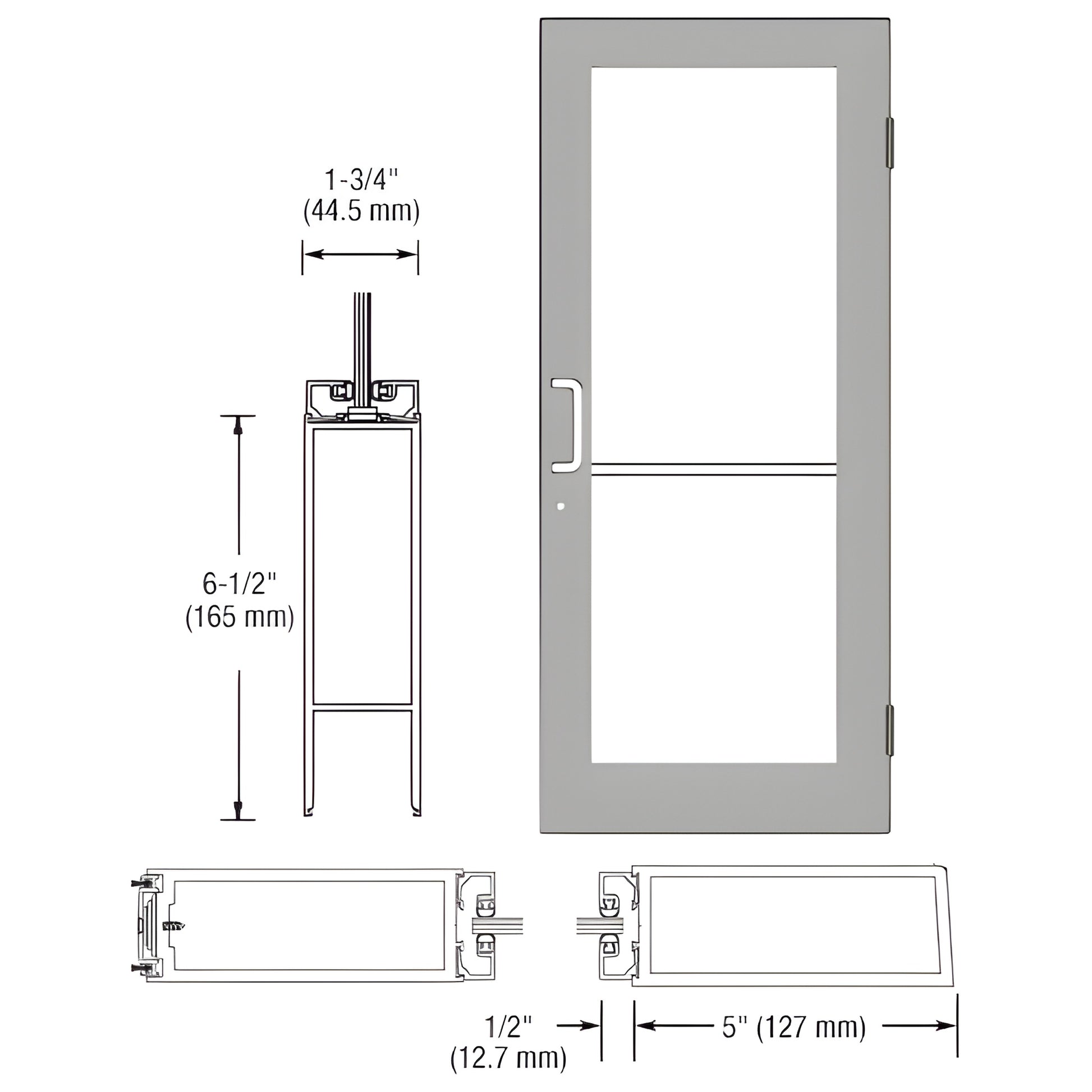 Clear anodized wide-stile commercial entrance door (SKU 1DC52511LA36) for 1" glass, includes push/pull and keyed-alike lock.