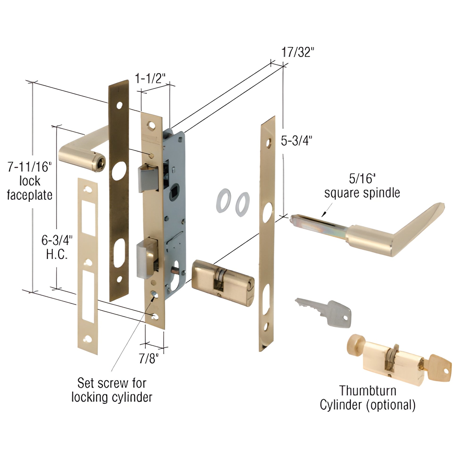 Brass CRL storm door mortise lockset (SKU K5130) exploded view: mortise case, brass trim plates, lever handles, cylinder, key