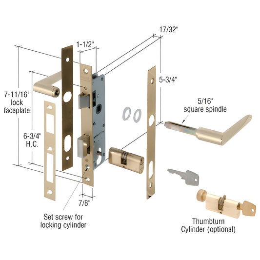Brass CRL storm door mortise lockset (SKU K5130) exploded view: mortise case, brass trim plates, lever handles, cylinder, key