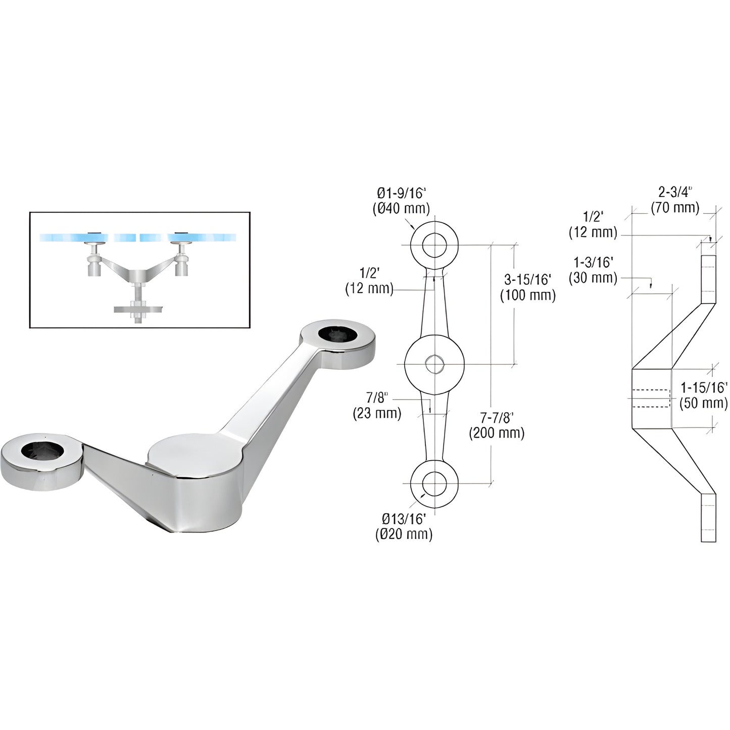 CRL stainless steel double-arm center-post glass fitting (SKU PMH2BS) for securing two in-line tempered glass panels.