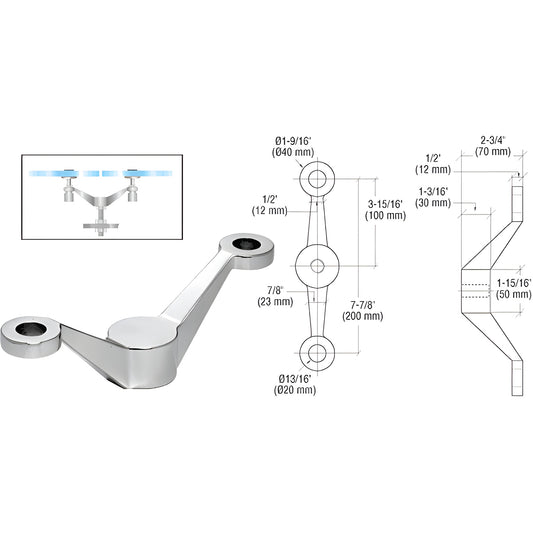 CRL stainless steel double-arm center-post glass fitting (SKU PMH2BS) for securing two in-line tempered glass panels.