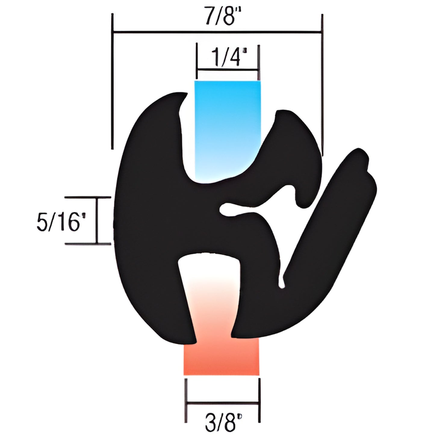 SKU 10276 EPDM one-piece self-sealing weatherstrip cross-section, 7/8" wide, 1/4" glass fit, 3/8" base, 12 ft roll