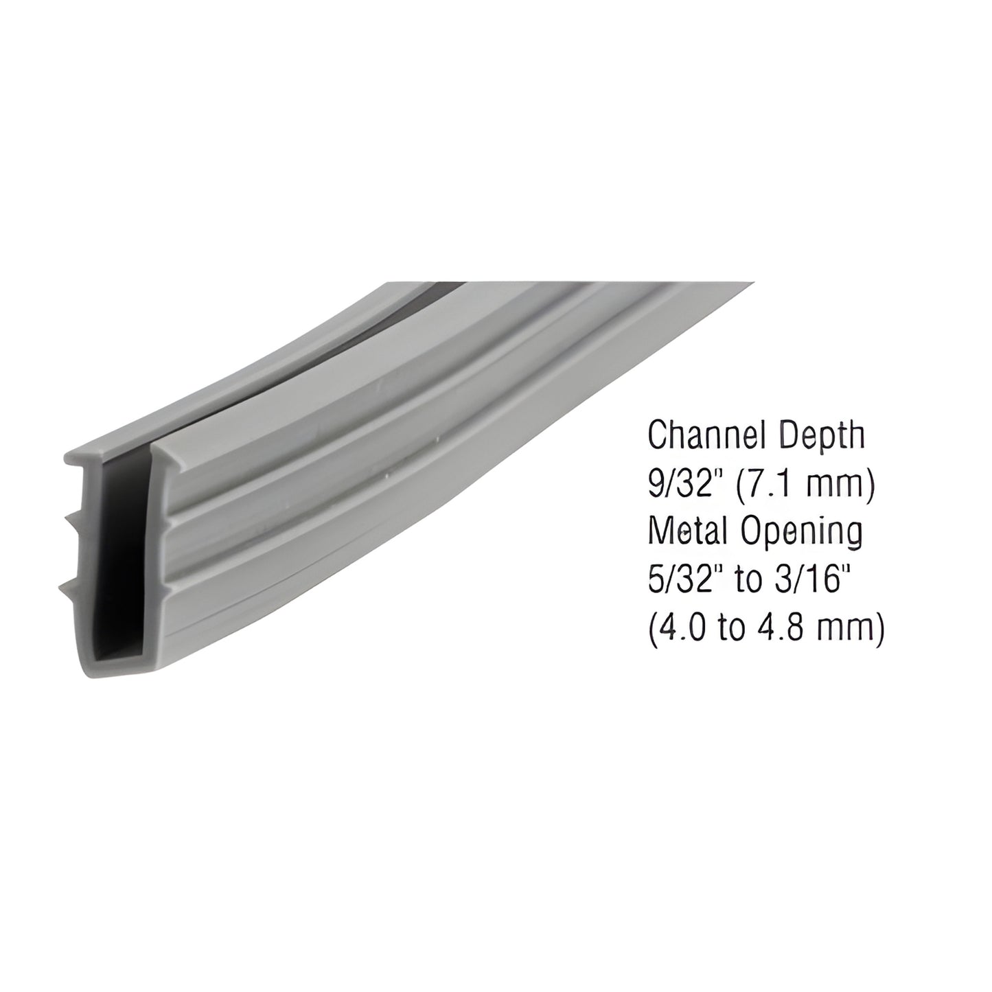 GC195M gray extruded glazing vinyl strip, 9/32" channel for single-strength glass, fits 5/32-3/16" metal openings.